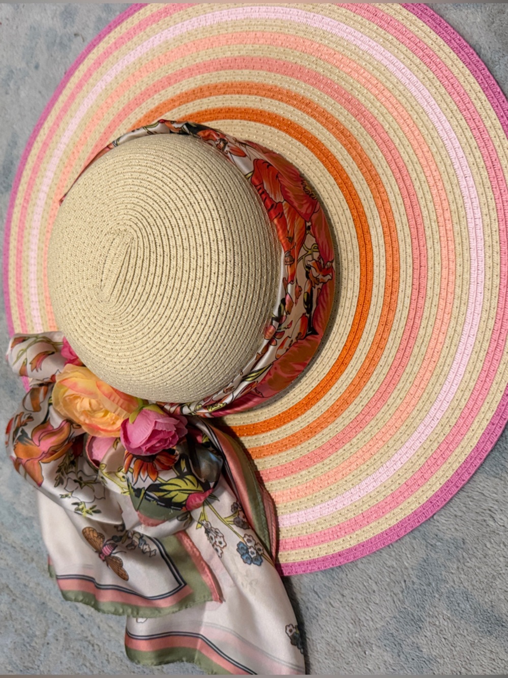 Striped Pink & Orange Straw Sun Hat with Floral Scarf Trim